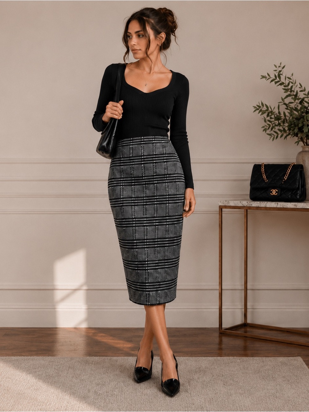 Vintage Plaid Midi Skirt | High Waisted | Timeless Classic | Minimalist Bodycon